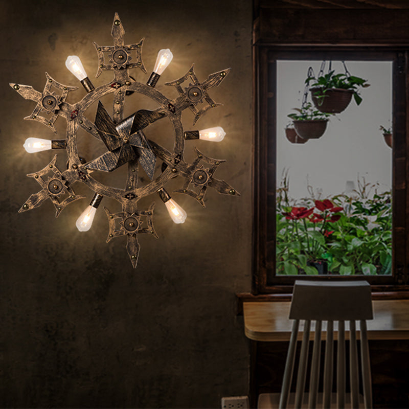 Metal Brass Wall Mounted Lamp Windmill Shaped 6 Heads Warehouse Wall Sconce for Dining Room