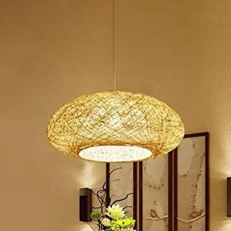 Beige Ellipse Pendulum Light Asia 1 Bulb Rattan Hanging Pendant over Table, 16"/19.5" Wide