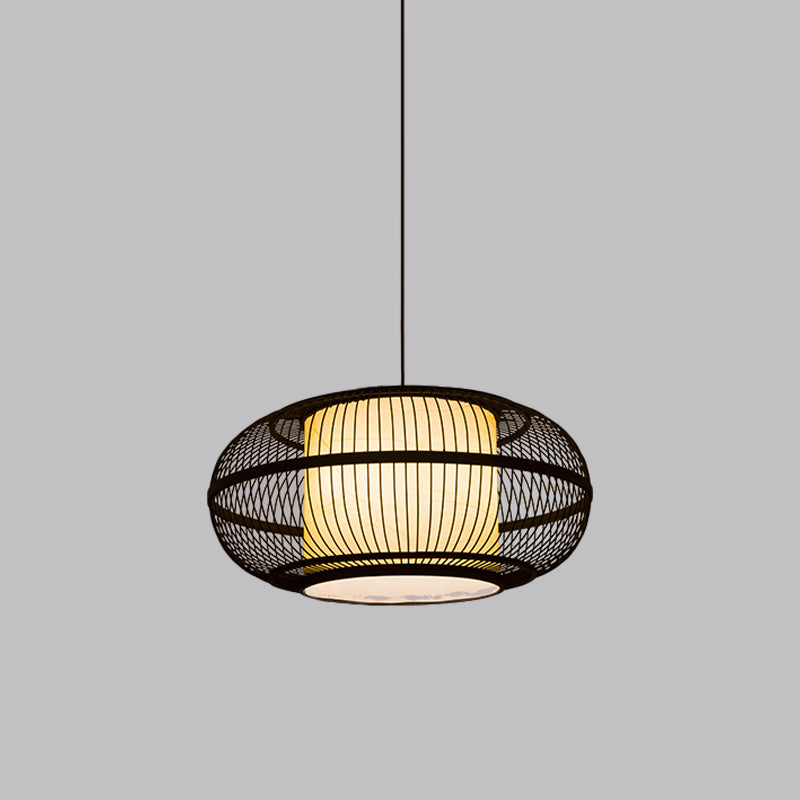 Schwarze ovale Deckenhänge Lantern Chinese 1 Glühbambus -Pendellampe mit alten Stadtabdruck, 19,5 "/23,5" W.