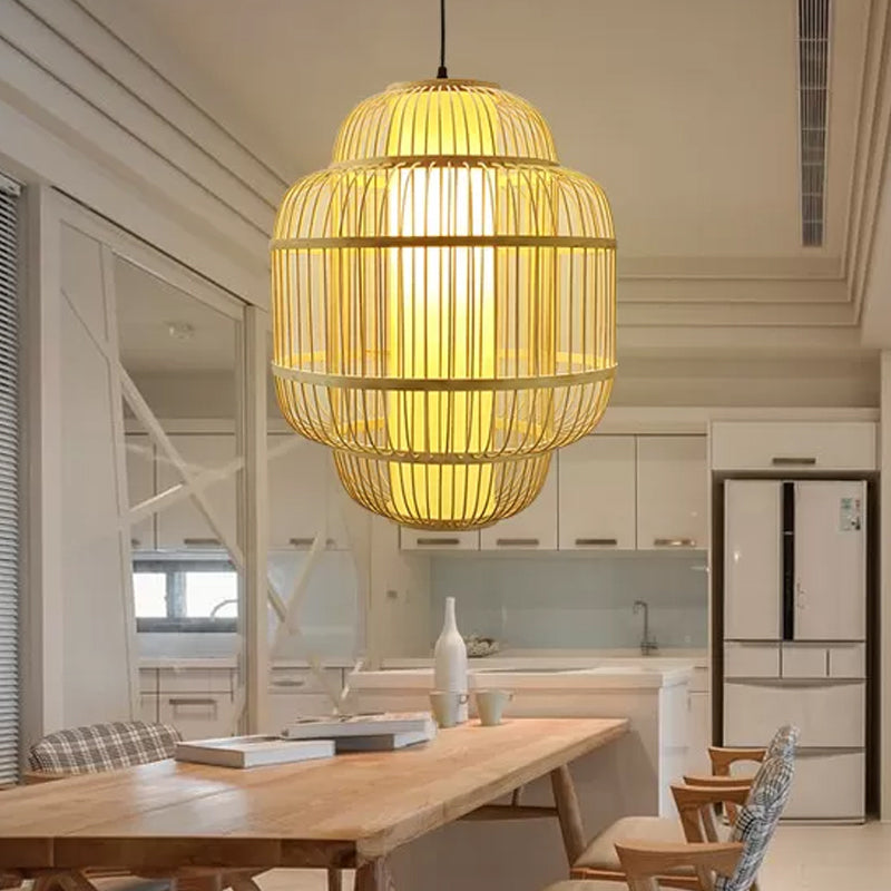 Bambus-Laterne Anhänger Beleuchtung Asian 1-Licht-Beige Down Lighting für Esszimmer, 16 "/19.5" /31.5 "W.