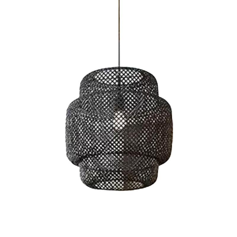 CRISS-CROSS LANTER LANTER PENDANT LANDE ASIAN BAMBOO 1 BULBE SOIX LUMIÈRE HAPPORT EN NOIR / BEIGE, 15 "/19.5" W