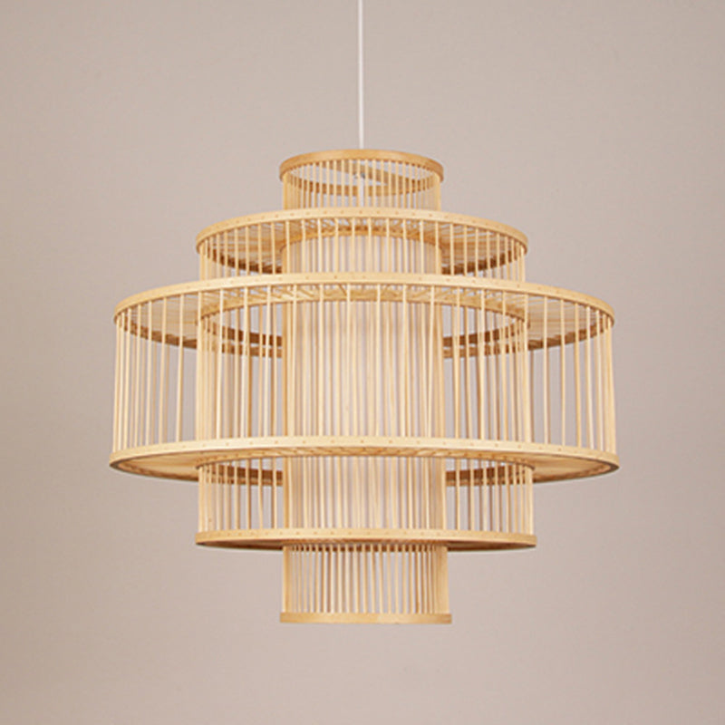 3-Shade Restaurant Hanging Light Bamboo 1 Head 16"/23.5"/31.5" Wide Asian Ceiling Pendant in Beige