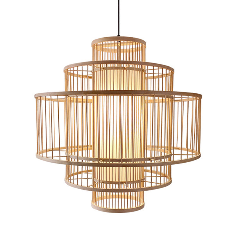 3-Shade Restaurant Hanging Light Bamboo 1 Head 16"/23.5"/31.5" Wide Asian Ceiling Pendant in Beige