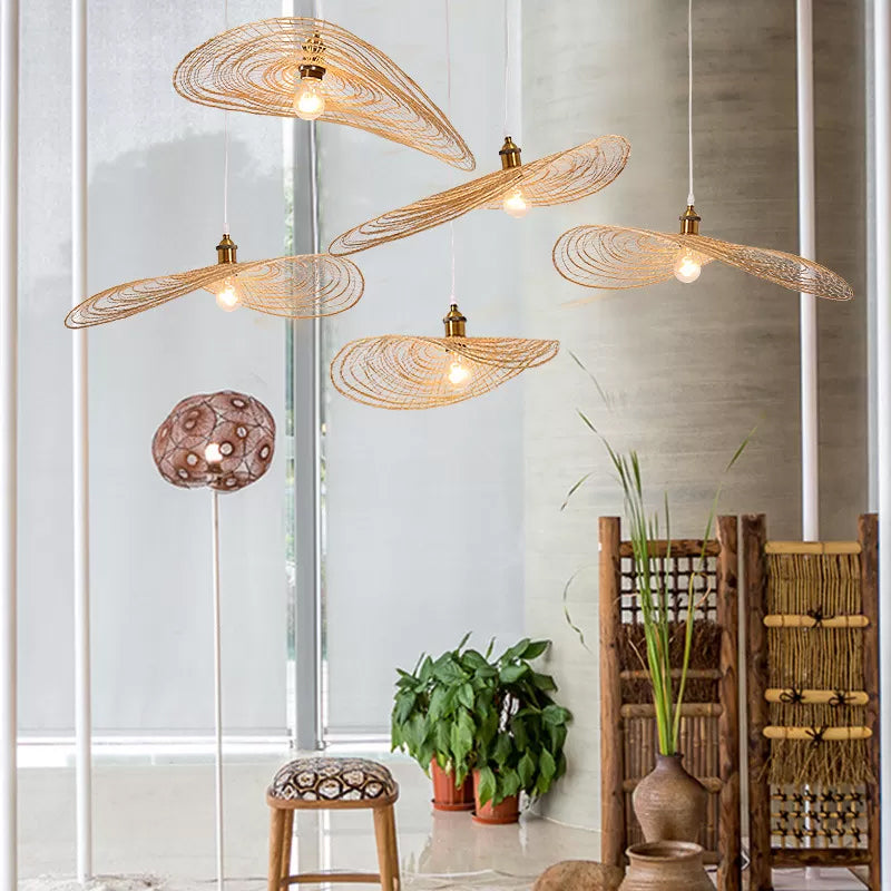 Chinese Style 1/3/6-Light Pendulum Light Beige Lotus Leaf Pendant Lighting with Bamboo Shade, 14"/16.5"/19.5" Wide