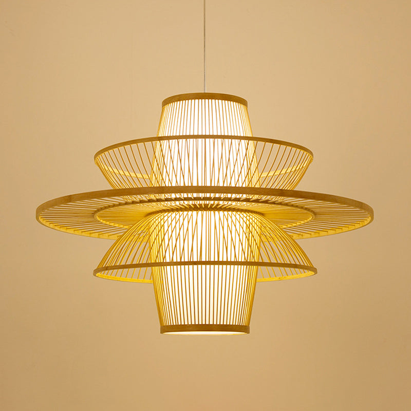 Canna di bambù giù per il ciondolo di illuminazione asiatico 16 "/23,5"/39 "1 lampadina beige lampadina con tonalità a 3 strati