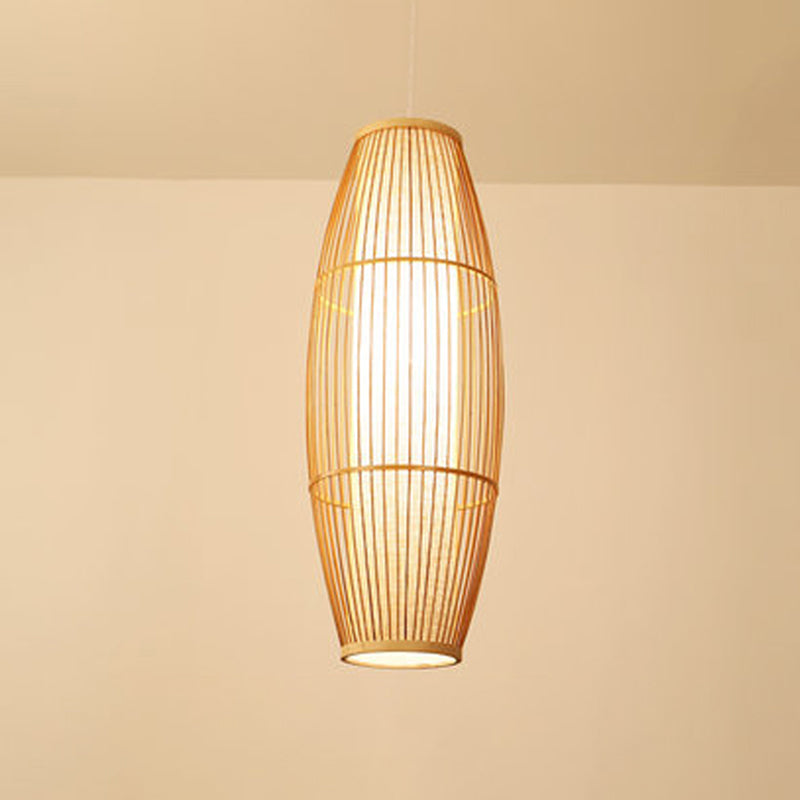 Elliptical Hanging Pendant Light Asian Bamboo 1 Bulb Living Room Small/Medium/Large Ceiling Hang Lamp in Beige