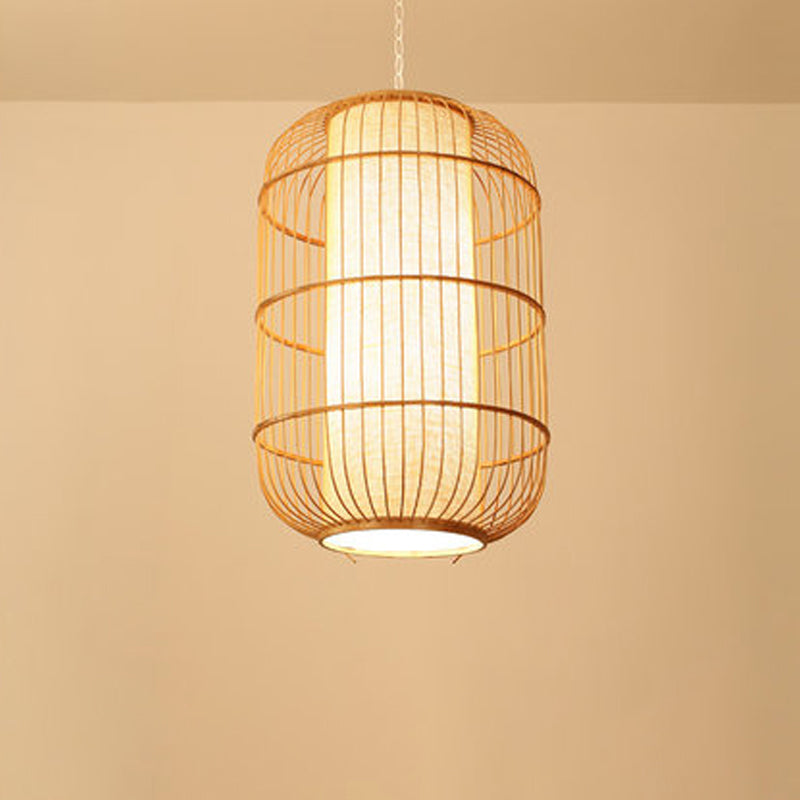 Elliptical Hanging Pendant Light Asian Bamboo 1 Bulb Living Room Small/Medium/Large Ceiling Hang Lamp in Beige