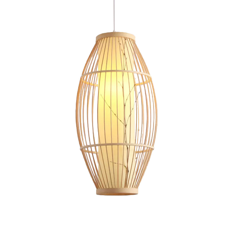 Asiatische 1-Haupt-Anhänger-Leuchten-Leuchte Beige ovale Deckenhängung Lampe mit Bambusschatten, 14 "/19.5" /31,5 "breit