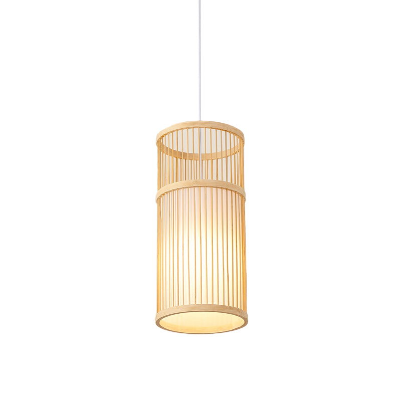 Diamond/Drum/Barrel Drop Pendant Asian Style Bamboo 1-Light Restaurant Hanging Light Kit in Beige