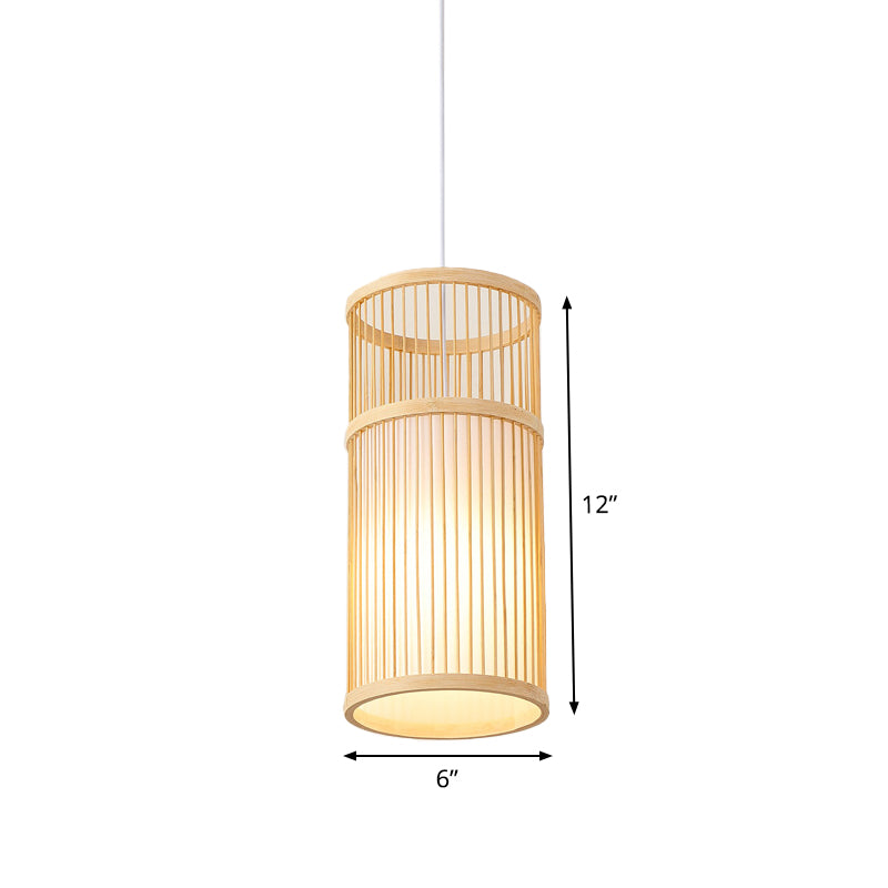 Diamond/Drum/Barrel Drop Pendant Asian Style Bamboo 1-Light Restaurant Hanging Light Kit in Beige
