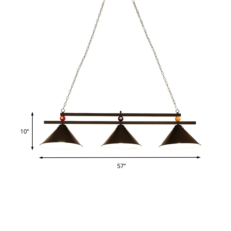 Industrial Style Cone Shade Ceiling Pendant 3 Heads Metal Island Lighting with Billiard Ball Deco in Black/Red