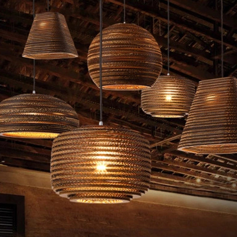 Paper Trapezoid/Vase Pendant Light Kit Country Style Single Brown Suspension Lamp, 10"/12"/15" Wide