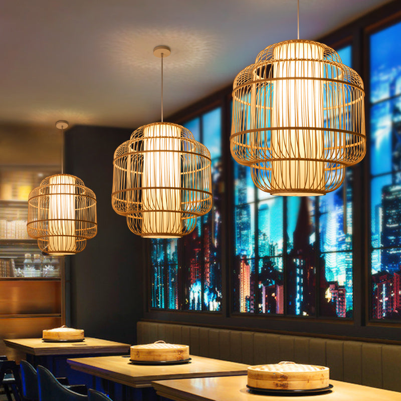 Cylinder/Donut/Raindrop Hanging Pendant Light Asian Bamboo 1 Bulb Beige Ceiling Light with Shade Inside