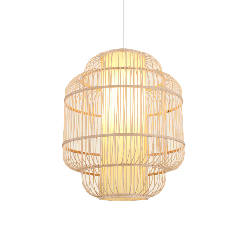 Cylinder/Donut/Raindrop Hanging Pendant Light Asian Bamboo 1 Bulb Beige Ceiling Light with Shade Inside