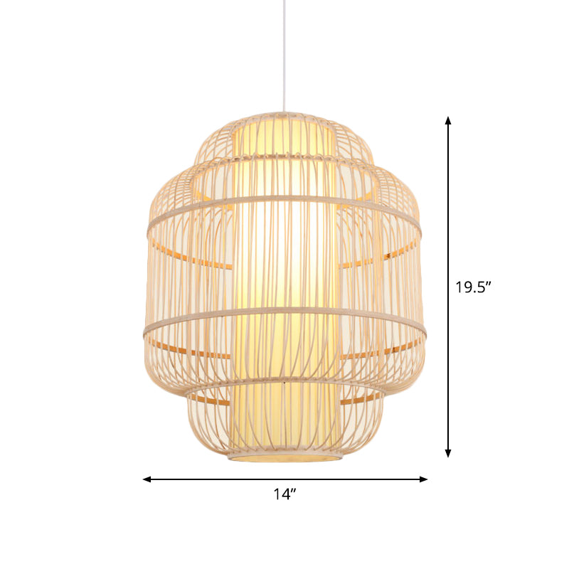 Cylinder/Donut/Raindrop Hanging Pendant Light Asian Bamboo 1 Bulb Beige Ceiling Light with Shade Inside