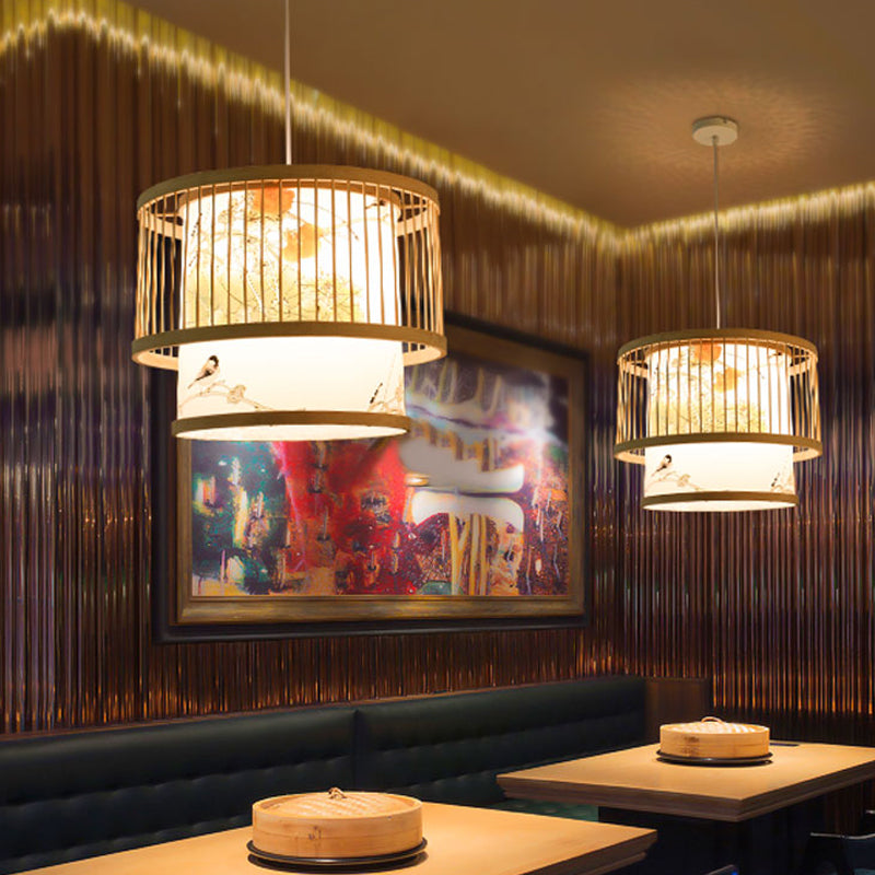 Cylinder/Donut/Raindrop Hanging Pendant Light Asian Bamboo 1 Bulb Beige Ceiling Light with Shade Inside