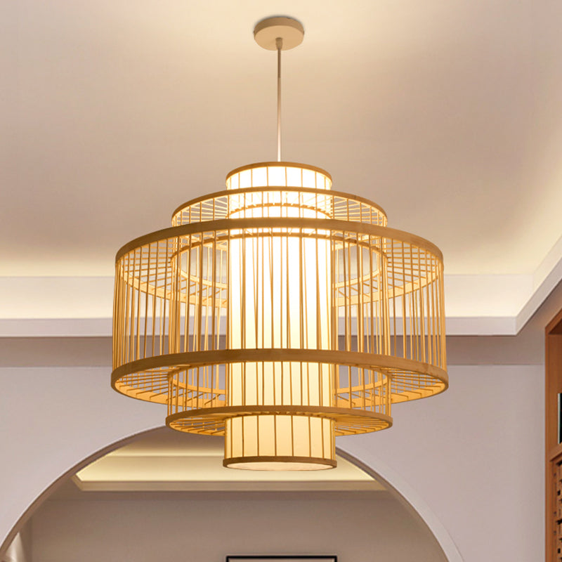 Cylinder/Donut/Raindrop Hanging Pendant Light Asian Bamboo 1 Bulb Beige Ceiling Light with Shade Inside
