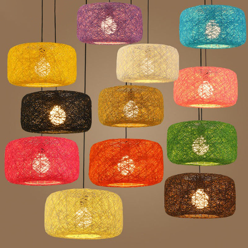 Ciondolo a ciondolo rossa/rosa/arancione a ciondolo Macaron a 1 luce Rattan Weaving Suspension Lighting for Bistro