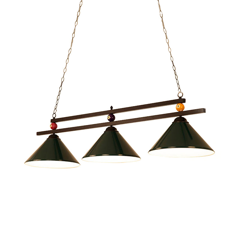 Industrial Style Cone Shade Ceiling Pendant 3 Heads Metal Island Lighting with Billiard Ball Deco in Black/Red