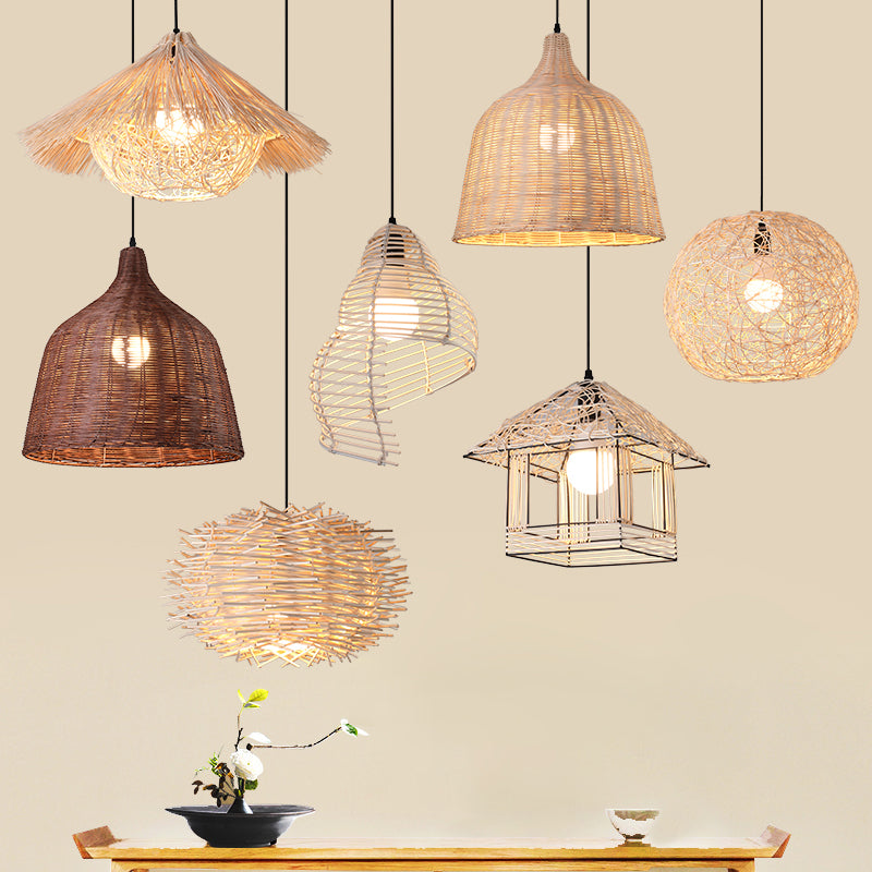 Ruffenhut/Spiral-/Haushängelampe Moderne Rattan 1-Licht beige Pendelleuchte über den Tisch