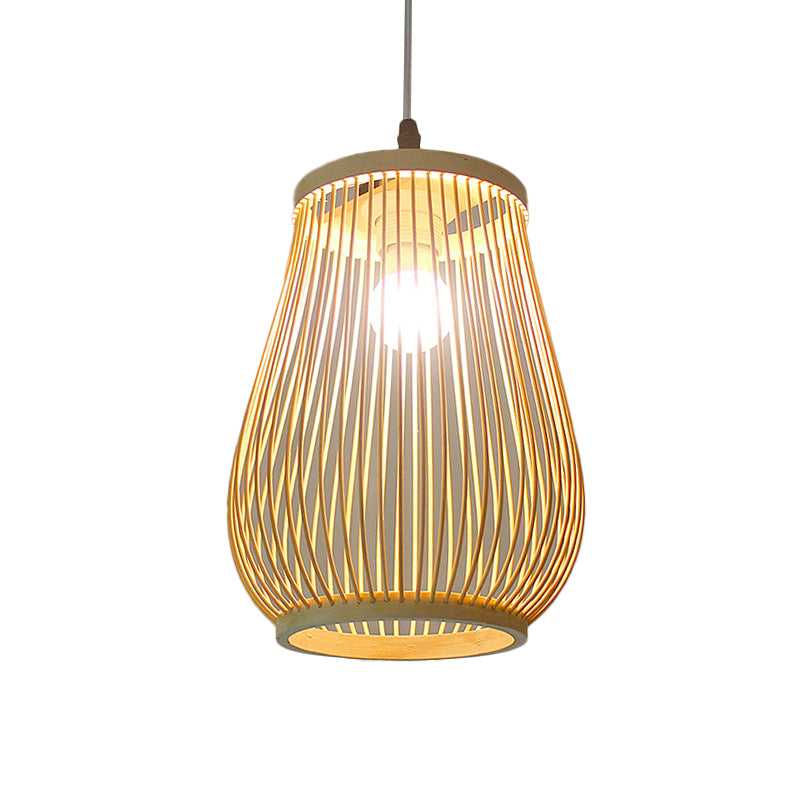 Funnel/Urn/Pear Ceiling Hang Light Asian Bamboo Single-Bulb Tearoom Hanging Pendant in Beige