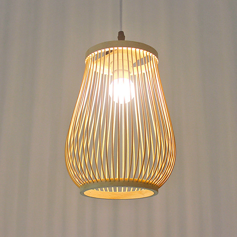Funnel/Urn/Pear Ceiling Hang Light Asian Bamboo Single-Bulb Tearoom Hanging Pendant in Beige