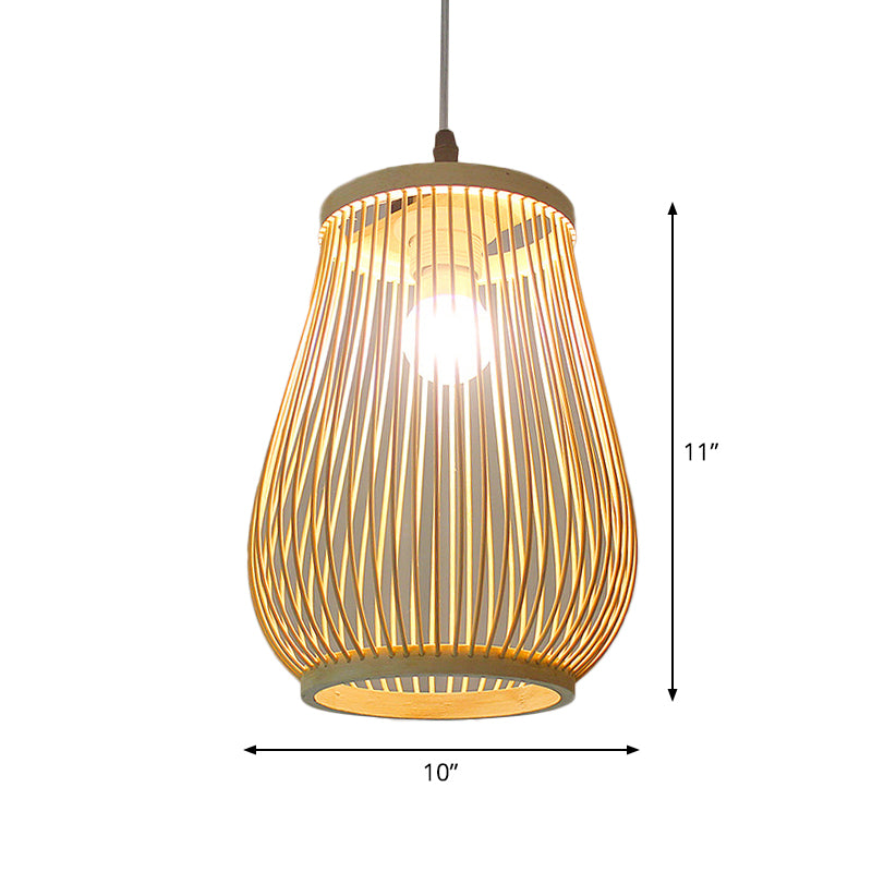 Funnel/Urn/Pear Ceiling Hang Light Asian Bamboo Single-Bulb Tearoom Hanging Pendant in Beige