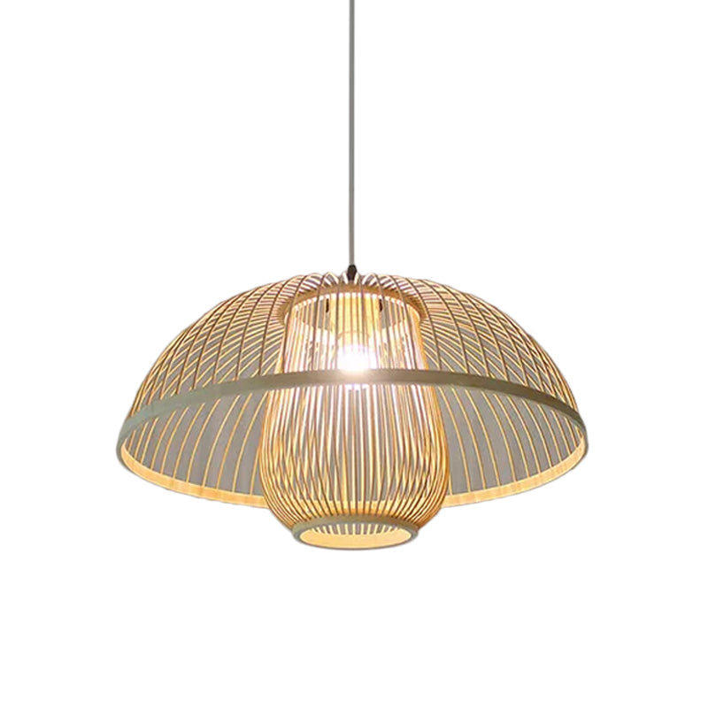 Funnel/Urn/Pear Ceiling Hang Light Asian Bamboo Single-Bulb Tearoom Hanging Pendant in Beige