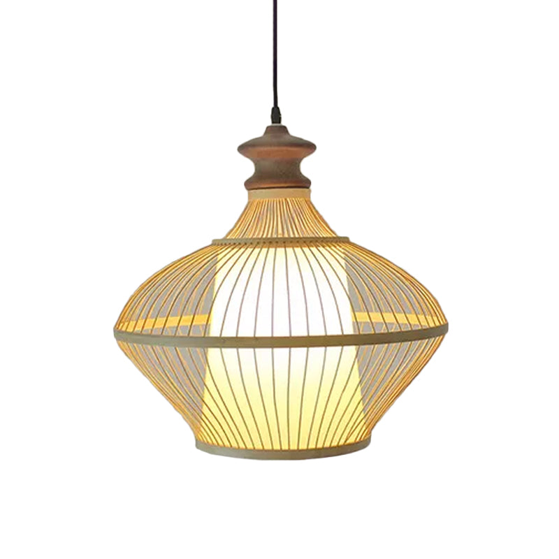 Funnel/Urn/Pear Ceiling Hang Light Asian Bamboo Single-Bulb Tearoom Hanging Pendant in Beige