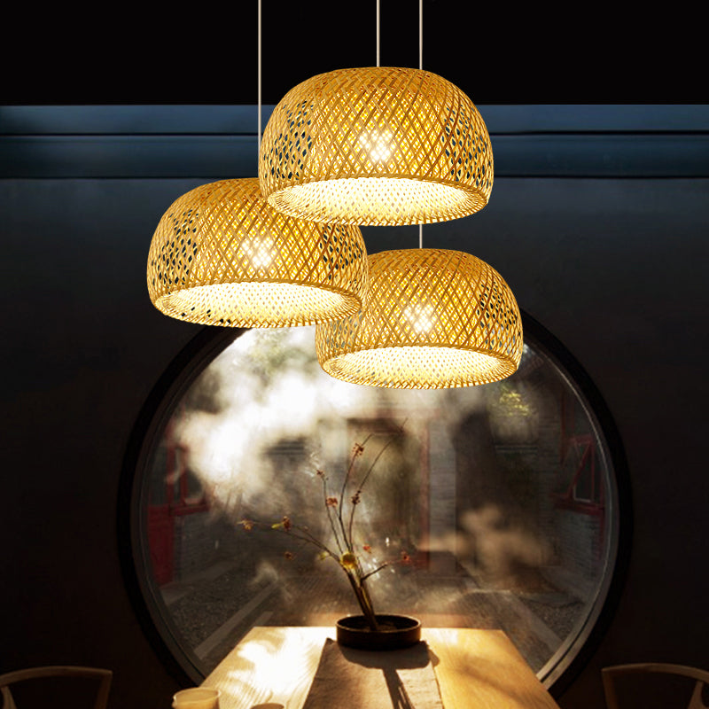 Cross-Weaving Dome Bamboo Pendant Lighting Chinese 1 Light Beige Hanging Ceiling Light over Table, 12"/14"/23.5" W