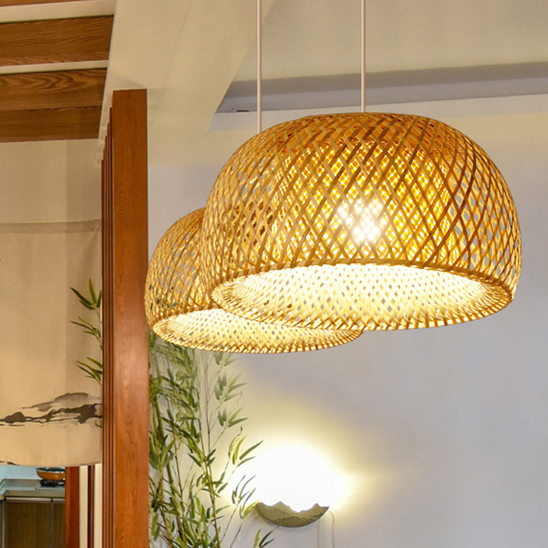 Cross-Weaving Dome Bamboo Pendant Lighting Chinese 1 Light Beige Hanging Ceiling Light over Table, 12"/14"/23.5" W