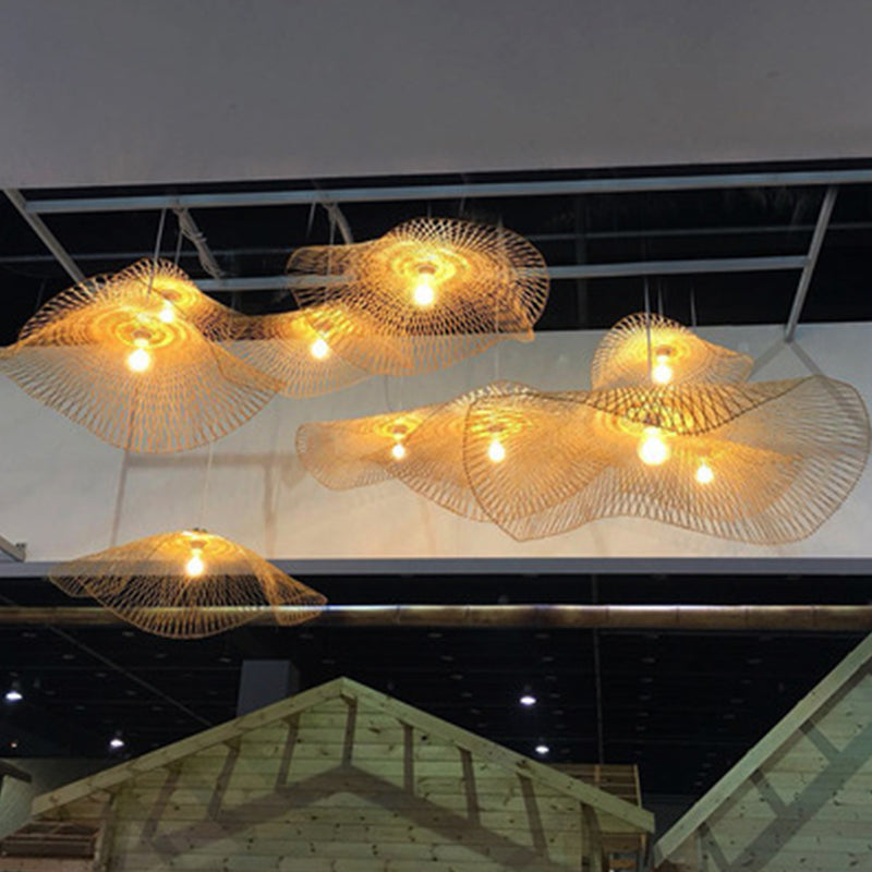 Asian Lotus Leaf Shape Pendant Lighting Bamboo 1 Bulb 14"/25.5"/41" Wide Restaurant Hanging Light Fixture in Beige