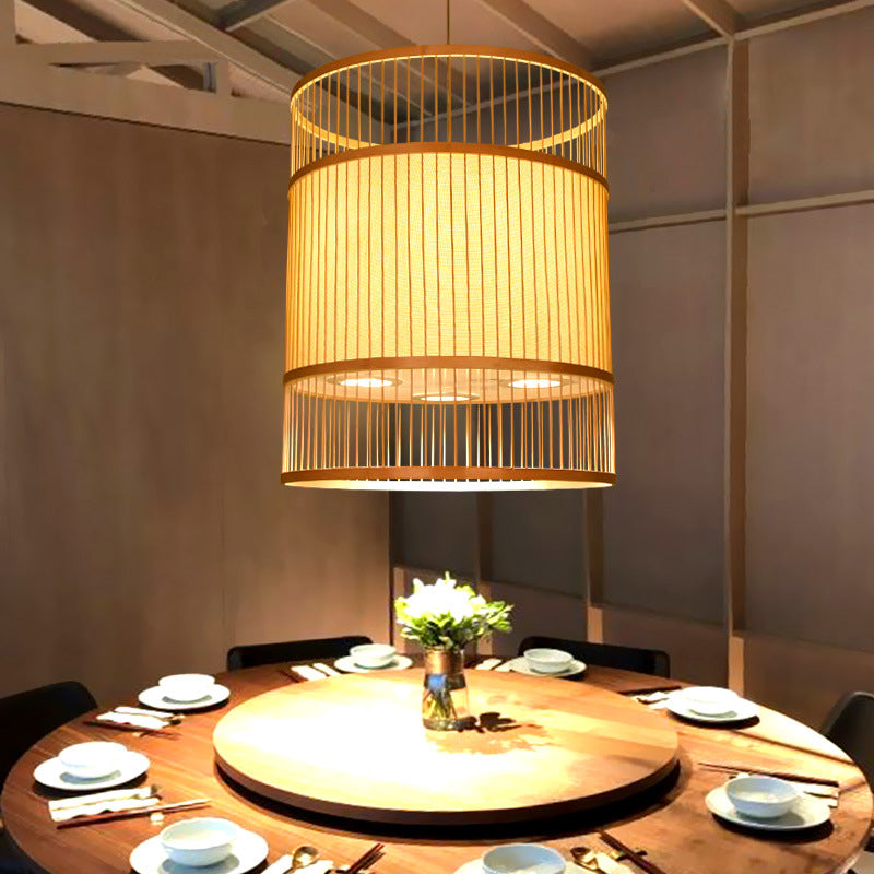 Beige Cylindrical Suspension Pendant Contemporary 1-Light Bamboo Ceiling Hang Lamp for Restaurant