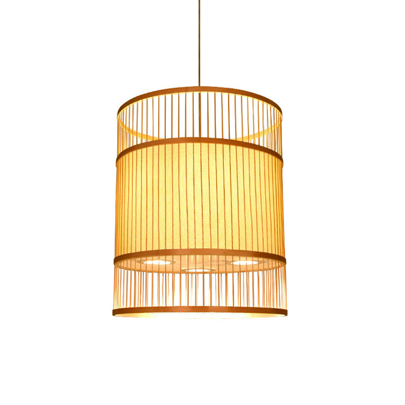 Beige Cylindrical Suspension Pendant Contemporary 1-Light Bamboo Ceiling Hang Lamp for Restaurant