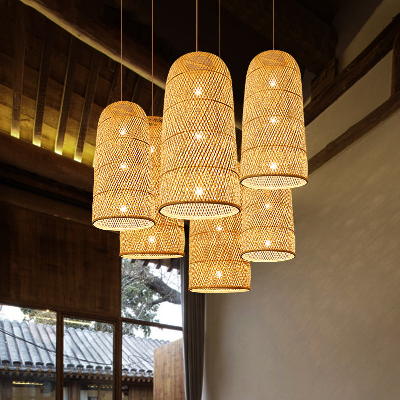Bell/Bowl/Bottle Hallway Drop Pendant Criss-Cross Woven Bamboo Single-Bulb Asian Hanging Lamp in Beige