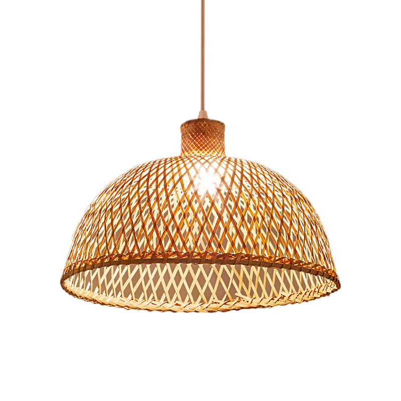 Bell/Bowl/Bottle Hallway Drop Pendant Criss-Cross Woven Bamboo Single-Bulb Asian Hanging Lamp in Beige