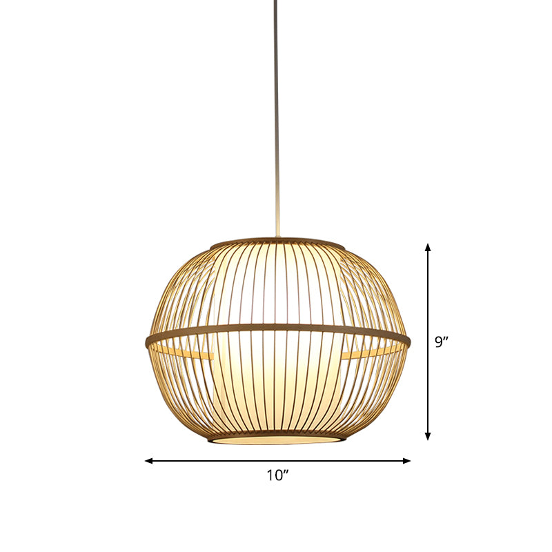 Spherical Bamboo Hanging Lamp Asian 1 Light 10"/14"/18" Wide Beige Suspended Lighting Fixture with Interior Shade