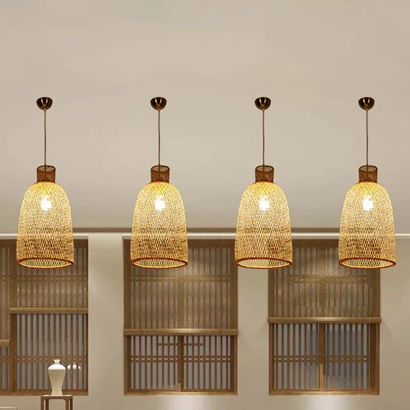 1 tête bistro pendule léger asiatique beige suspendu pendant avec bol / jar / cloche bambou nuage