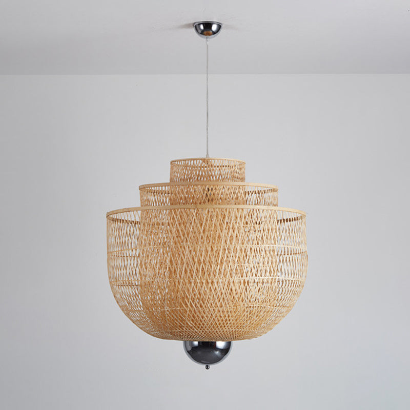 Omgekeerde 3-laags bamboe hanger lamp Modern 1-licht beige opgeschort verlichtingsarmatuur voor restaurant, 18 "/23.5" /31,5 "W