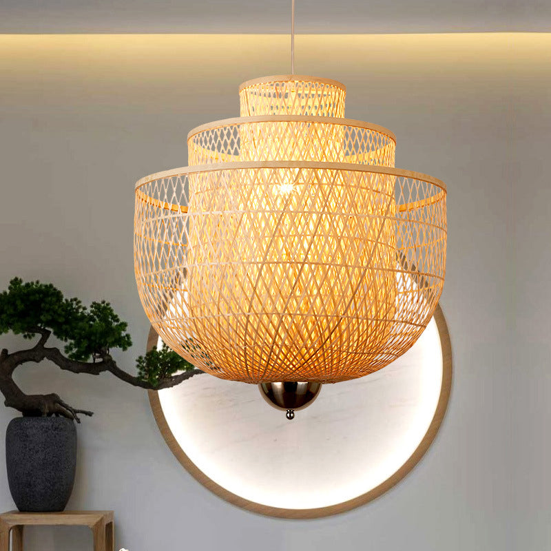 Omgekeerde 3-laags bamboe hanger lamp Modern 1-licht beige opgeschort verlichtingsarmatuur voor restaurant, 18 "/23.5" /31,5 "W