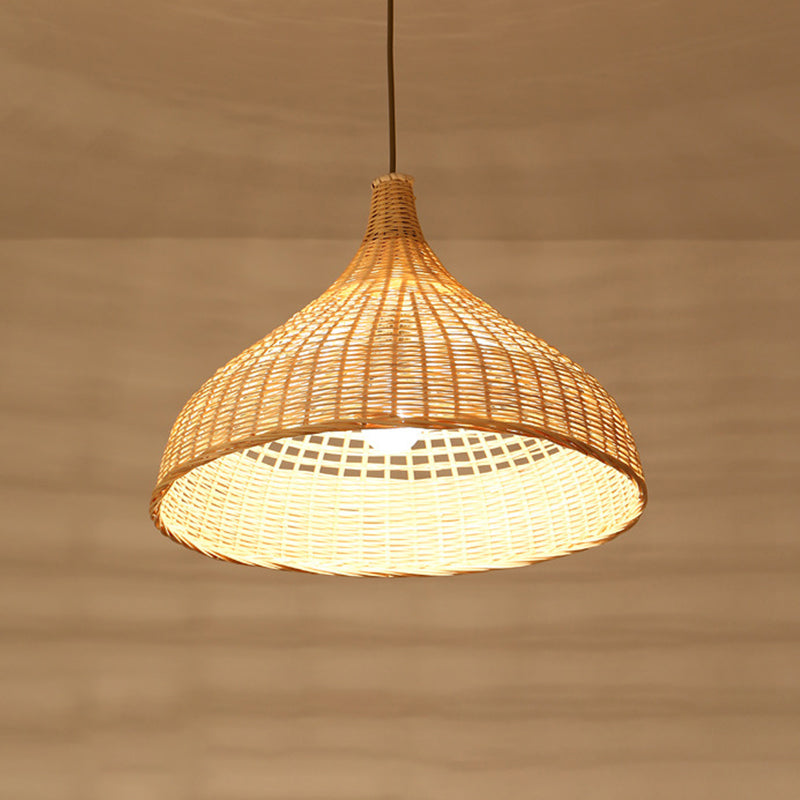 Beige Diamond/Bell/Onion Drop Pendant Asian Style 1 Bulb Bamboo Hanging Light Fixture for Tearoom