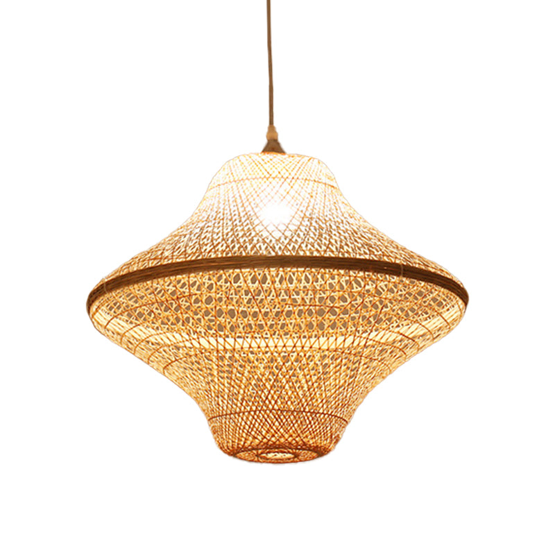Beige Diamond/Bell/Onion Drop Pendant Asian Style 1 Bulb Bamboo Hanging Light Fixture for Tearoom