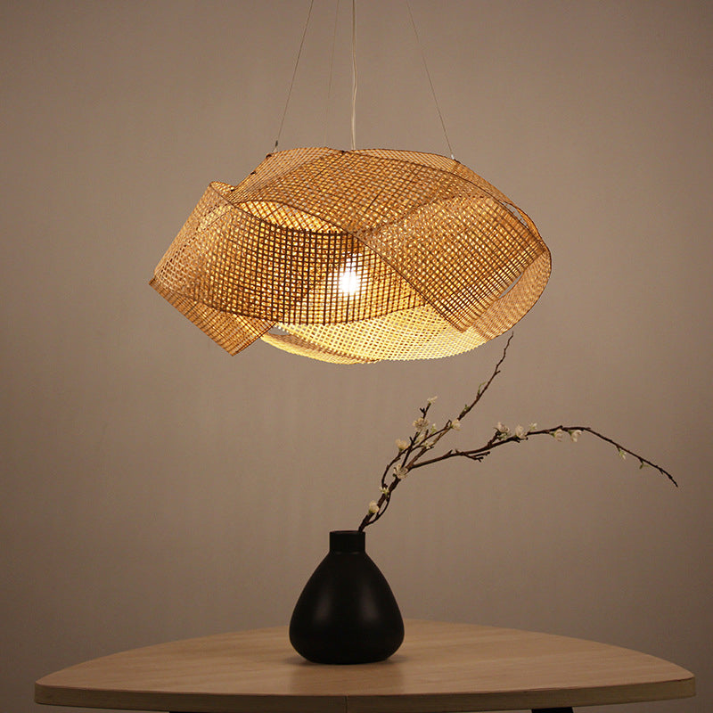 Luce a sospensione intrecciata intrecciata Bamboo contemporanea Singola sala da pranzo Luce a soffitto a beige, 16 "/19.5" /27,5 "w