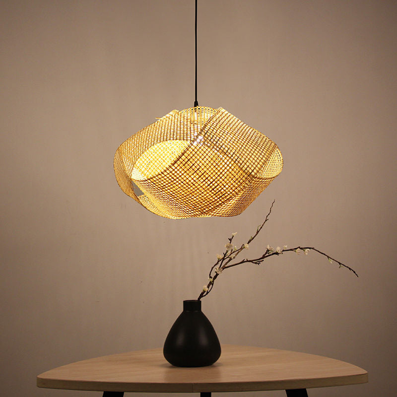Luce a sospensione intrecciata intrecciata Bamboo contemporanea Singola sala da pranzo Luce a soffitto a beige, 16 "/19.5" /27,5 "w