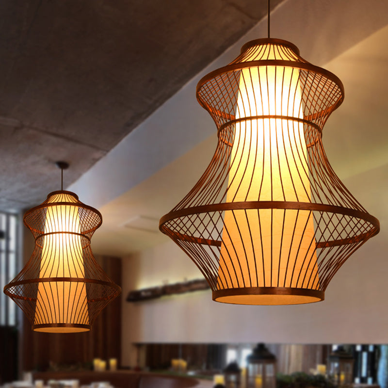 16 "/19,5"/23,5 "W 1-Bulb Bistro Anhänger Hell Asian Braun Hanging Light Kit mit Urnen Bambusschatten