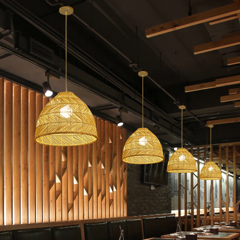 Asia Bell Shade Pendant Lighting Fixture Bamboo 16"/19.5"/23.5" Wide 1 Light Dining Room Suspension Lighting in Beige