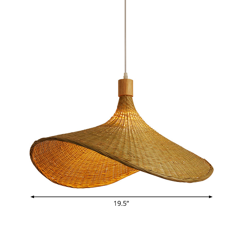 Bamboo Braided Hat Suspension Lamp Asian Style 1-Light Beige Hanging Pendant Light over Table, 19.5"/23.5" W