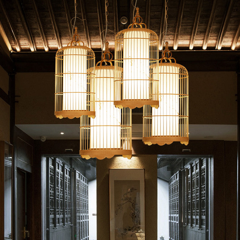 Birdcage eetkamer plafondlicht bamboe 9,5 "/14"/16 "brede 1-licht Aziatische hanger Licht armatuur in beige