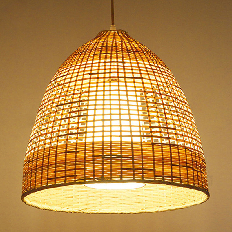 Hand-Twisted Bell Ceiling Pendant Chinese Bamboo Single Living Room Hanging Lamp in Beige, 16"/19.5" Width
