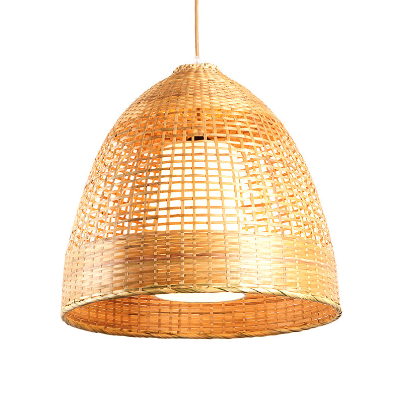 Hand-Twisted Bell Ceiling Pendant Chinese Bamboo Single Living Room Hanging Lamp in Beige, 16"/19.5" Width